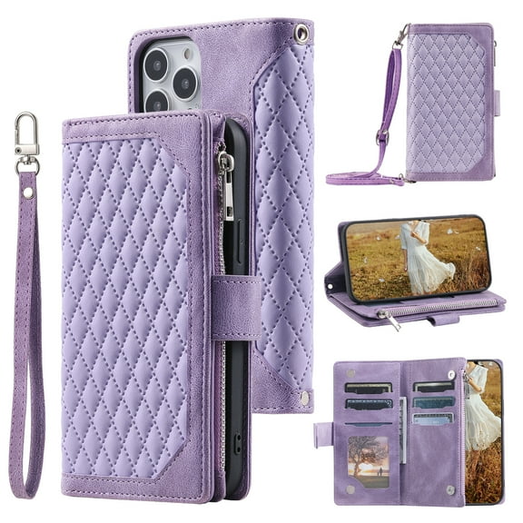 for iPhone 16 Pro PU Leather Crossbody Case Purse Zipper Pocket Magnetic Folio Card Slots Wallet Kickstand Elegant Phone Case with Shoulder Strap & Wrist Strap For iPhone 16 Pro,Purple