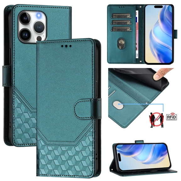 For iPhone 16 Pro PU Leather Flip Phone Case,With Shoulder Strap&Wrist Strap,Card Holder,Flip Folding Kickstand,Diamond Pattern Embossed,Shockproof RFID Blocking Wallet Case,Darkgreen