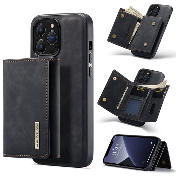 for iPhone 16 Pro PU Leather Wallet Case, Classic Detachable Magnetic Back Card Pockets Shockproof Protective Business Kickstand Phone Case Cover for iPhone 16 Pro, Black