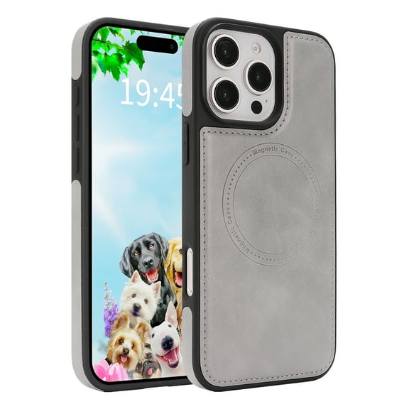 For iPhone 16 Pro Phone Case,Compatible with Mag-Safe,Anti-Scratch PU Leather Back,Soft TPU Bumper,Ultra Slim Shockproof Ant-fall Protection Rugged Thin Fit Phone Case Cover,Gray