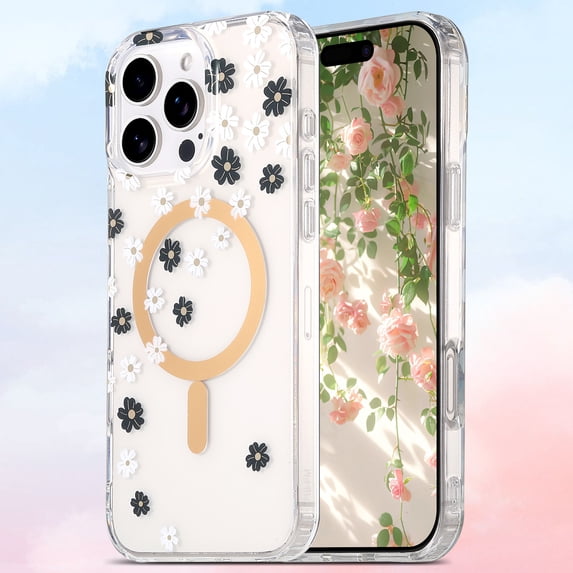 For iPhone 16 Pro Phone Case,Compatible With Mag-Safe,Elegant Colorful Floral Print Pattern,Transparent Back,PC + TPU Hybrid Shockproof Anti-fall Non-Slip Drop Protection,Phone Case,B