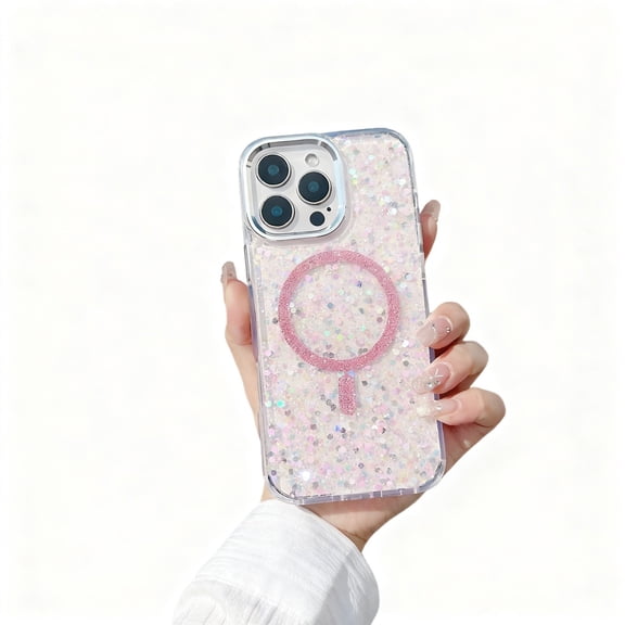 For iPhone 16 Pro Phone Case,Compatible with Wireless Charging,Bling Glitter Sequins Back Design,Dazzling Cute Cover,Shockproof Ultra Slim Anti-fall Drop Protection,Rugged Phone Case,Pink