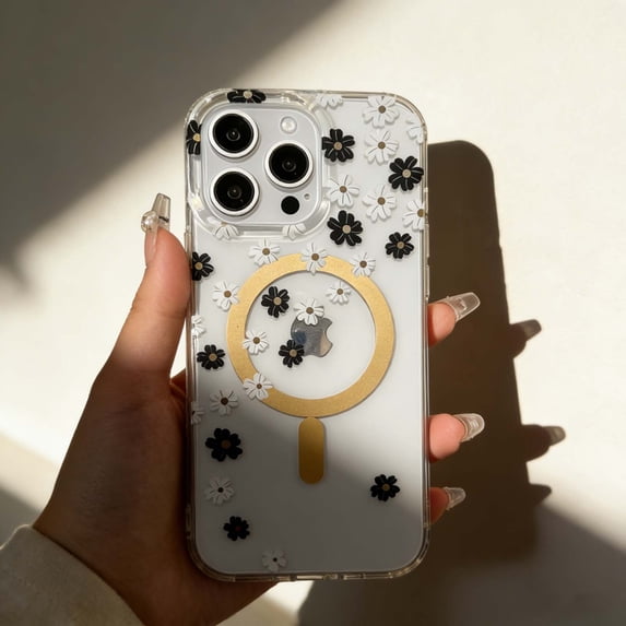 For iPhone 16 Pro Phone Case,Fresh Floral Print Back Design,Crystal Transparent,Compatible With Wireless Charging,Ultra Slim Shockproof Anti-fall Anti-Scratch,Thin Fit Phone Case,B