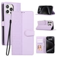thumbnail image 1 of for iPhone 16 Pro Phone Case Wallet Card Holder, PU Leather Kickstand Flip Cases Wrist Strap Magnetic Closure Shockproof Embossed Protective Book Cover for iPhone 16 Pro, Purple, 1 of 9