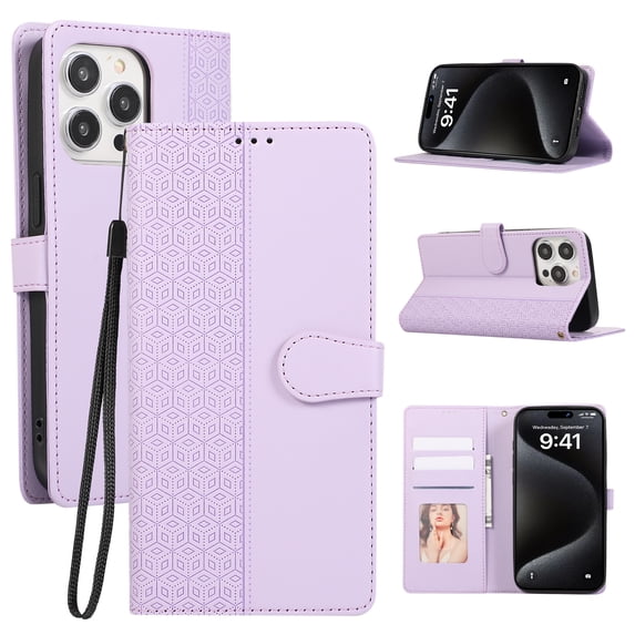 for iPhone 16 Pro Phone Case Wallet Card Holder, PU Leather Kickstand Flip Cases Wrist Strap Magnetic Closure Shockproof Embossed Protective Book Cover for iPhone 16 Pro, Purple
