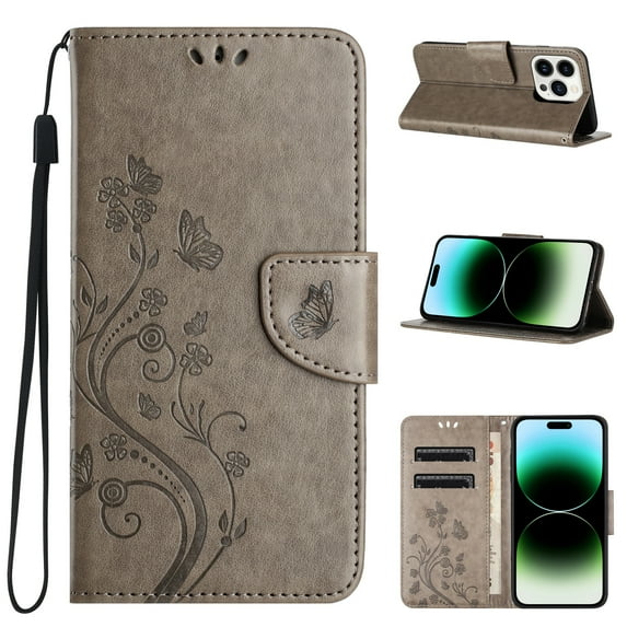 for iPhone 16 Pro Phone Case Wallet,Women Flip Folio Kickstand Cover with Credit Card Holders Emboss Butterfly Flower PU Leather Purse Wrist Strap Shockproof Case for iPhone 16 Pro,Gray
