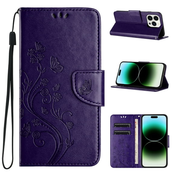 for iPhone 16 Pro Phone Case Wallet,Women Flip Folio Kickstand Cover with Credit Card Holders Emboss Butterfly Flower PU Leather Purse Wrist Strap Shockproof Case for iPhone 16 Pro,Purple