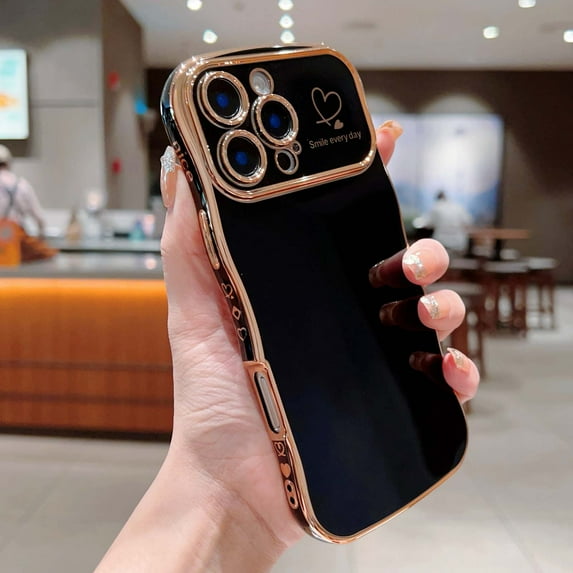 For iPhone 16 Pro Phone Case,Wavy Frame Designing,Love Heart Pattern,Luxury Plating Shockproof Anti-fall Soft TPU Ultra Slim Thin Fit Cute Electroplated Phone Case Cover,Black