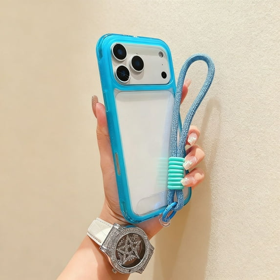 For iPhone 16 Pro Phone Case,With Detachable Wrist Strap,Crystal Transparent Back Design,Ultra Slim Soft TPU Frame PC Back Shockproof Anti-fall Drop Protection,Thin Fit Phone Case,Blue