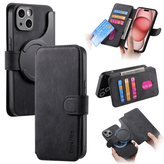 For iPhone 16 Pro Phone Cover Detachable Magnetic Front Case Hard PC Back Case Stand Feature Card Pocket & Credit Slot Shock-Absorbent Dustproof Wallet Phone Case for Men or Women, Black