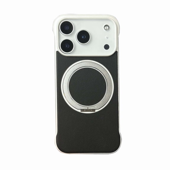 for iPhone 16 Pro Ring Stand Case, Slim Tough Rugged Shockproof Protective Cover with Ring Kickstand & Secure Ring Grip, Non-Frame Luxury PU Leather Phone Case for iPhone 16 Pro, Blackwhite