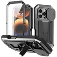 thumbnail image 1 of for iPhone 16 Pro Rugged Case with Camera Lens Sliding Cover, Screen Protector [Built-in Kickstand] [Military-Grade Triple-Layers Protection] Heavy Duty Full Body Shockproof Phone Case, Black, 1 of 7