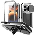 thumbnail image 1 of for iPhone 16 Pro Rugged Case with Camera Lens Sliding Cover, Screen Protector [Built-in Kickstand] [Military-Grade Triple-Layers Protection] Heavy Duty Full Body Shockproof Phone Case, Silver, 1 of 7