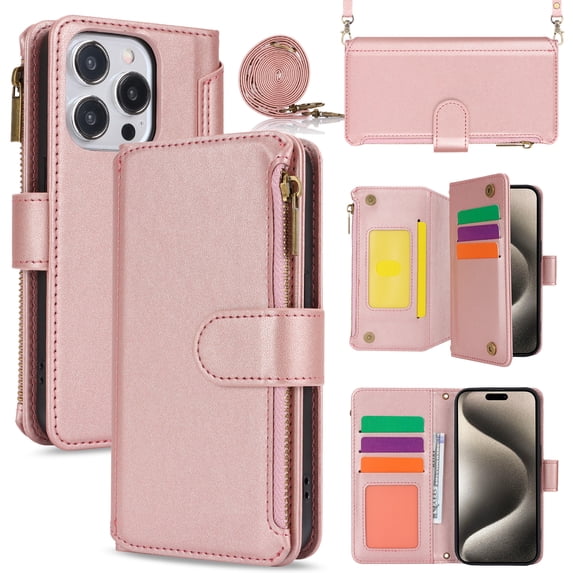 for iPhone 16 Pro Rugged Case, RFID Blocking Wallet Case for Women Men with Card Holder Zipper Magnetic Flip PU Leather Wrist Strap & Shoulder Strap Protective Cover for iPhone 16 Pro,Rosegold