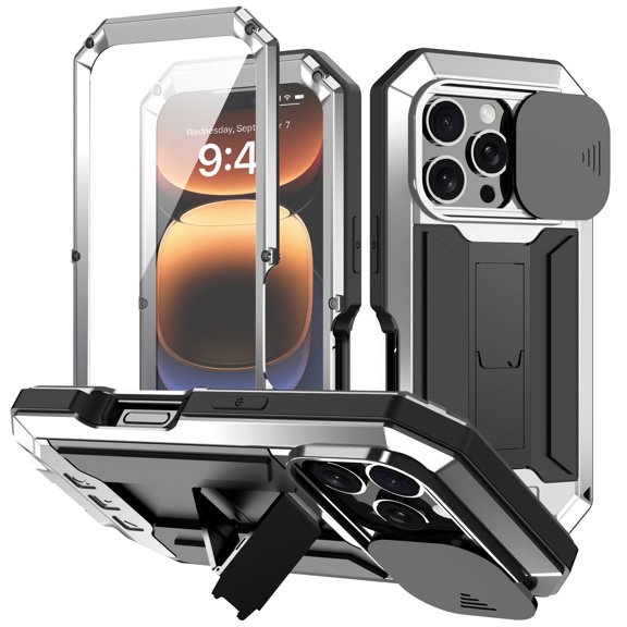for iPhone 16 Pro Rugged Metal Case, with Screen Protector Kickstand Camera Sliding Cover for iPhone 16 Pro Full Cover Military Sturdy Armor Shockproof Dorp Test Cover for Outdoor, Silver