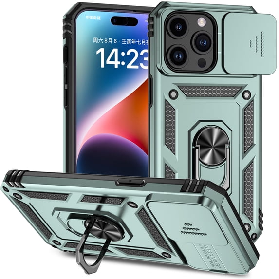for iPhone 16 Pro Rugged Phone Case with Sliding Camera Cover, Kickstand TPU Bumper Drop Proof Durable Military Grade Protective Case Cover for iPhone 16 Pro, Darkgreen