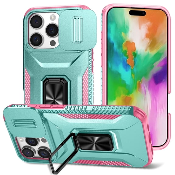 For iPhone 16 Pro Slim Fit Shockproof Hybrid with Slide Camera Cover & Rotated Ring Kickstand, [Military-Grade] Phone Case For iPhone 16 Pro 6.3",Grey Green,For iPhone 16 Pro