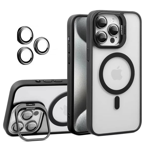for iPhone 16 Pro Transparent Case with Camera Lens Protector, Compatible with MagSafe, Built-in Camera Stash Stand, Magnetic Hard Back Soft Edge Anti-Fingerprint Flexible Cover, Black