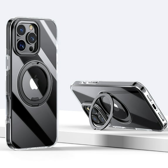 for iPhone 16 Pro Transparent Case with Rotating Ring Kickstand, Strong Magnetic Shock-Absorbent Anti-Fingerprint Lightweight Anti-Scratch Protective Anti-Yellow Ultra Slim Case Cover, Black