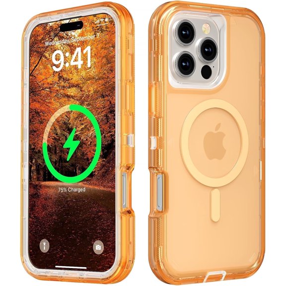 For iPhone 16 Pro Transparent Phone Case Compatible with MagSafe, Triple Layer Magnetic Charging Case, iPhone 16 Pro Heavy Duty Shockproof and Drop-Proof Phone Case, Crystal Orange
