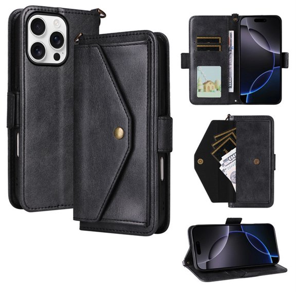For iPhone 16 Pro Vintage Leather Wallet Case For Women Men Multi-Card Slots Hidden Button Pocket Detachable Shoulder Strap ,Shockproof Phone Case,Black,For iPhone 16 Pro