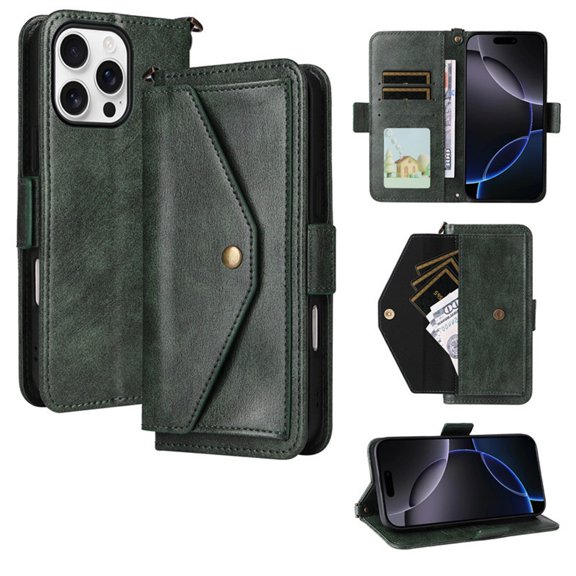 For iPhone 16 Pro Vintage Leather Wallet Case For Women Men Multi-Card Slots Hidden Button Pocket Detachable Shoulder Strap ,Shockproof Phone Case,Green,For iPhone 16 Pro