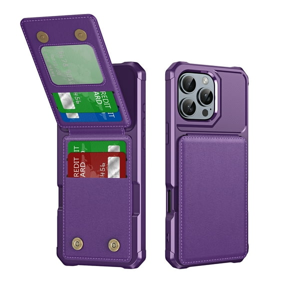 for iPhone 16 Pro Wallet Case, Built-in 4 Card Holders Kickstand Purse Cover, Military Grade Enhanced Corners Drop Protection, Rugged Protective Phone Case for iPhone 16 Pro, Purple