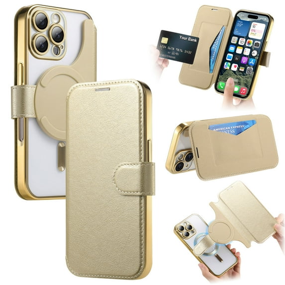 for iPhone 16 Pro Wallet Case with Camera Lens Protector Film, Clear Magnetic Phone Cover Compatible with Mag-Safe Charging, RFID Blocking PU Leather Case with Card Holder Flip Kickstand, Gold