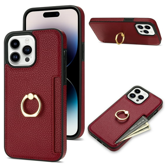 For iPhone 16 Pro Wallet Case with Card Holder, 360°Rotation Ring Holder Kickstand, Premium PU Leather RFID Blocking Card Pocket Protective Cover For iPhone 16 Pro, Red