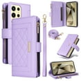 thumbnail image 1 of for iPhone 16 Pro Wallet Case with Card Holder/Zipper Wallet Slot/Crossbody Strap+Hand Lanyard,[RFID Blocking][Magnetic Closure] PU Leather Shockproof Flip Kickstand Phone Cover,Purple, 1 of 9
