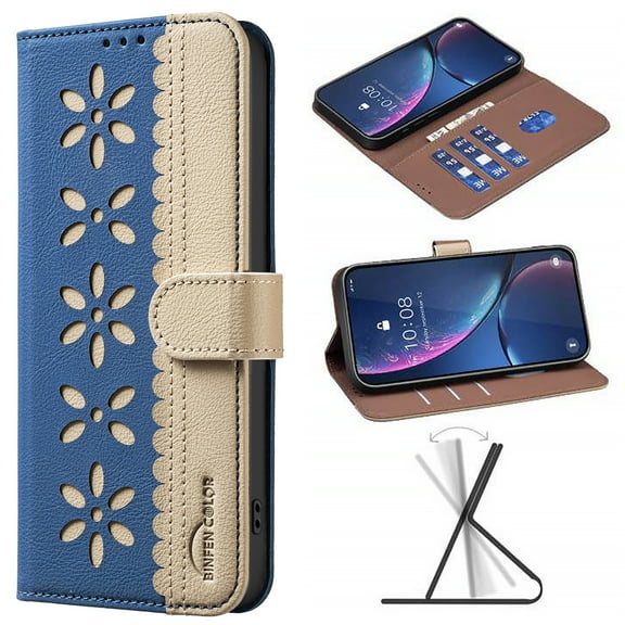 For iPhone 16 Pro Wallet Case,Card Slots [RFID Blocking] Splice Premium PU Leather ID Credit Holder Folio Flip Kickstand Magnetic Clasp Flower Patterned Shockproof Phone Cover,Darkblue