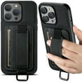 thumbnail image 1 of for iPhone 16 Pro Wallet Case, Classic Finger Ring with Card Holder Lychee Texture PU Leather Back Cover with Wristband Kickstand Shockproof Drop Protective for iPhone 16 Pro, Black, 1 of 10