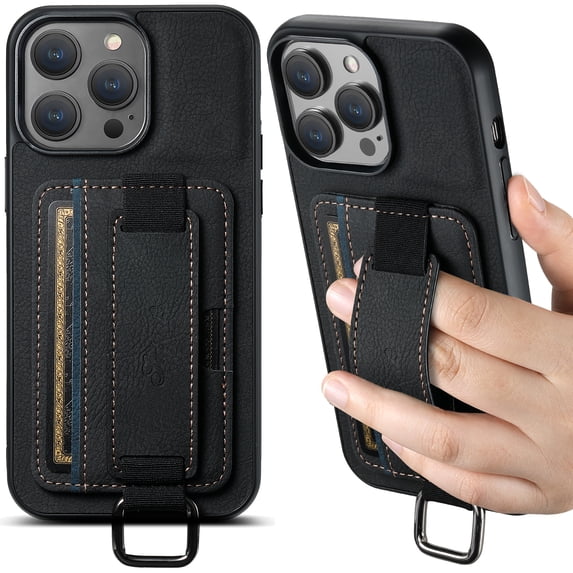 for iPhone 16 Pro Wallet Case, Classic Finger Ring with Card Holder Lychee Texture PU Leather Back Cover with Wristband Kickstand Shockproof Drop Protective for iPhone 16 Pro, Black