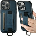 thumbnail image 1 of for iPhone 16 Pro Wallet Case, Classic Finger Ring with Card Holder Lychee Texture PU Leather Back Cover with Wristband Kickstand Shockproof Drop Protective for iPhone 16 Pro, Blue, 1 of 10