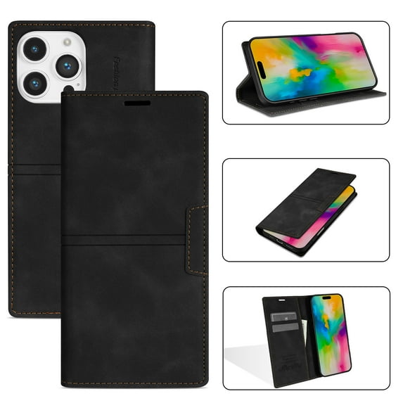 for iPhone 16 Pro Wallet Case Cover, Luxury Wallet Case with Card Holder Magnetic Clasp Kickstand PU Leather Folio Protective Phone Case for iPhone 16 Pro, Black