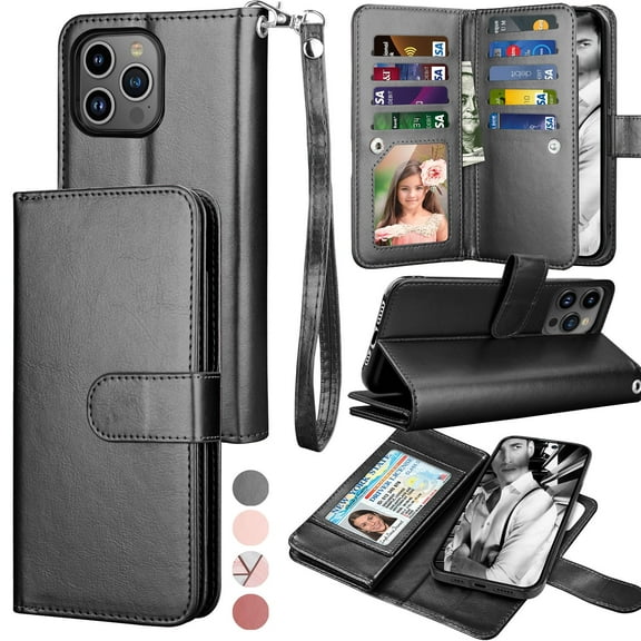 For iPhone 16 Pro Wallet Case with Credit Card Holder and Strap for Women Men, Tekcoo Detachable Magnetic Phone Case PU Leather Wallet Flip Folio Kickstand Cover for iPhone 16 Pro, Black