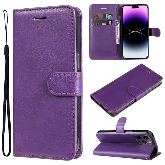 for iPhone 16 Pro Wallet Case, with Credit Card Holder and Wrist Strap, RFID Blocking PU Leather Flip Magnetic Cell Phone Cover Case for iPhone 16 Pro, Purple
