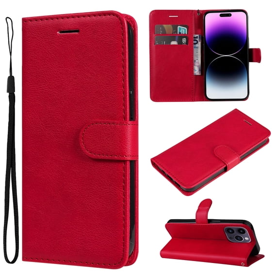 for iPhone 16 Pro Wallet Case, with Credit Card Holder and Wrist Strap, RFID Blocking PU Leather Flip Magnetic Cell Phone Cover Case for iPhone 16 Pro, Red