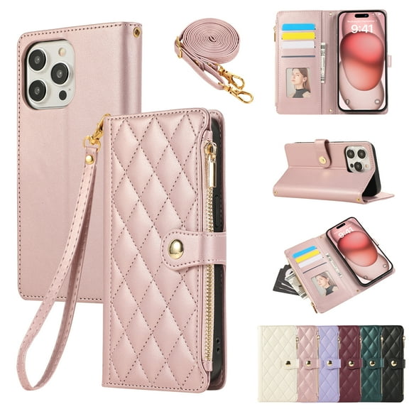 iPhone 16 Pro Wallet Case, with Crossbody Shoulder Strap Hand Wrist Cards Holder Zipper Pocket RFID Blocking Shockproof Flip Cover Stand Snap Closure Phone Case for Apple iPhone 16 Pro, Rosegold