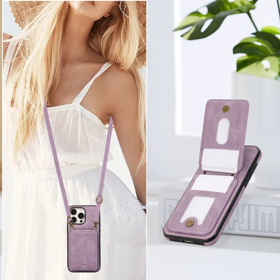 iPhone 16 Pro Wallet Case, Crossbody Shoulder Strap Premium PU Leather Cards Slots Stand Feature Shockproof Bumper Drop Protection Phone Case Cover for Apple iPhone 16 Pro, Purple