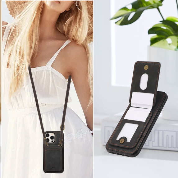 iPhone 16 Pro Wallet Case, Crossbody Shoulder Strap Premium PU Leather Cards Slots Stand Feature Shockproof Bumper Drop Protection Phone Case Cover for Apple iPhone 16 Pro, Black