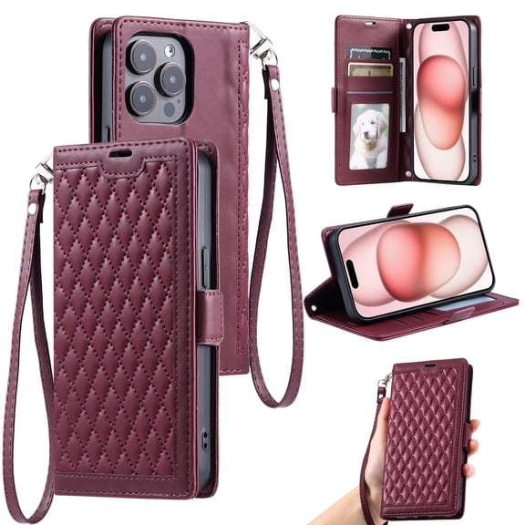 For iPhone 16 Pro Wallet Case,Crossbody Strap Diamond Patterned PU Leather Flip Cover with RFID Blcoking Card Slots Cash Pocket Wrist Strap Kickstand Phone Case for Women Girls,Red