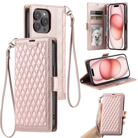 For iPhone 16 Pro Wallet Case,Crossbody Strap Diamond Patterned PU Leather Flip Cover with RFID Blcoking Card Slots Cash Pocket Wrist Strap Kickstand Phone Case for Women Girls,Rosegold