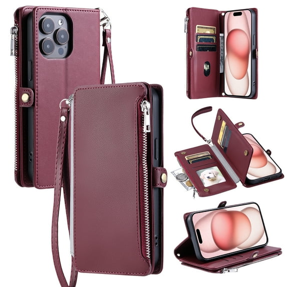 For iPhone 16 Pro Wallet Case – Crossbody Strap+Hand Lanyard & Zipper Pocket Credit Card Slots,Drop Tested PU Leather Magnetic Folio Cover with RFID Blocking Card Holder Phone Case,Winered