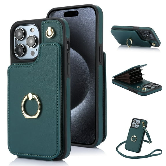 for iPhone 16 Pro Wallet Case with Crossbody Strap, Rotation Ring Stand Premium PU Leather with Card Slots TPU Bumper Shockproof Purse Phone Cover for iPhone 16 Pro Women Girls, Green