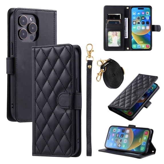 for iPhone 16 Pro Wallet Case, Elegant PU Leather Shoulder Strap & Wrist Strap Kickstand Card Slots Magnetic Closure Full Body Protection Phone Case for iPhone 16 Pro, Black