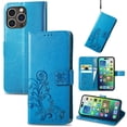 thumbnail image 1 of for iPhone 16 Pro Wallet Case, [Flower Embossed] Premium PU Leather Flip Protective Case Cover with Card Holder and Stand with Wrist Strap for iPhone 16 Pro, Blue, 1 of 5