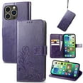 thumbnail image 1 of for iPhone 16 Pro Wallet Case, [Flower Embossed] Premium PU Leather Flip Protective Case Cover with Card Holder and Stand with Wrist Strap for iPhone 16 Pro, Purple, 1 of 5
