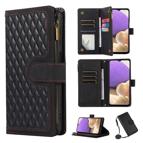 for iPhone 16 Pro Wallet Case, Heavy Duty Protection Zipper Pocket Card Slot PU Leather Flip Folio Protective Rugged Cover with Wrist Strap + Shoulder Strap for Men Women, Black