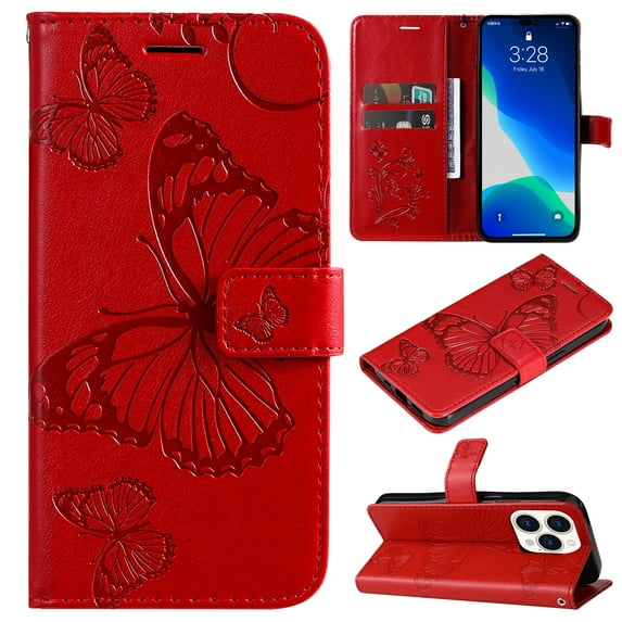 for iPhone 16 Pro Wallet Case, Kickstand Case with Credit Card Holder, Embossed Butterfly Pattern with Strap Premium PU Leather Magnetic Closure Shockproof Protective Flip Cover, Red